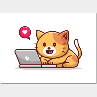 Cute Cat Operating Laptop Posters and Art